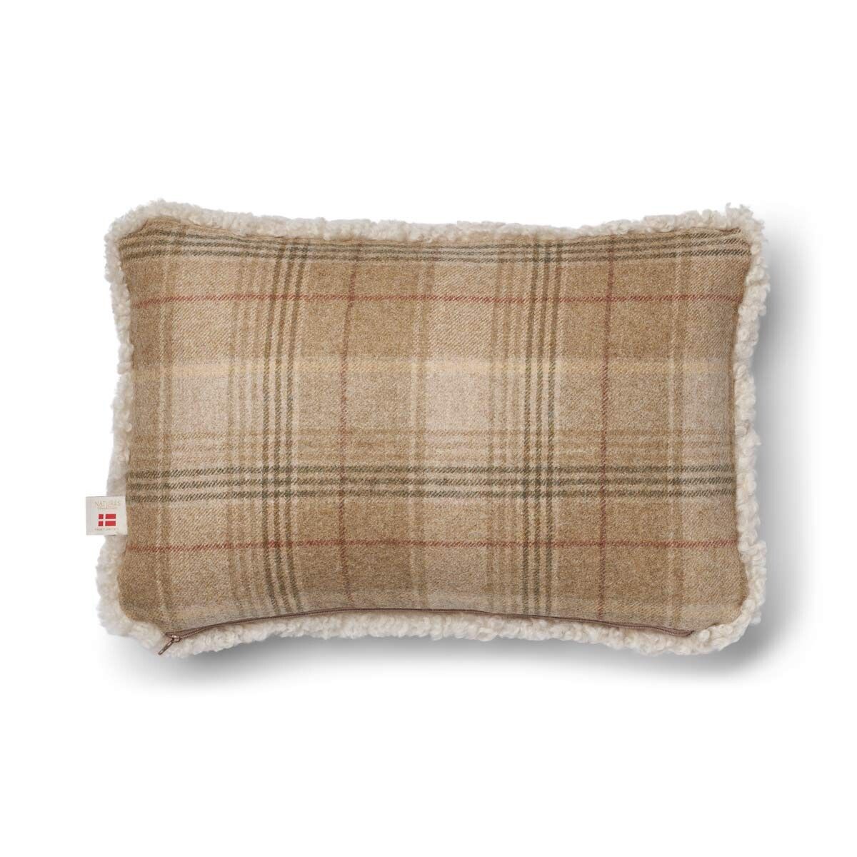 Kariertes Lammfellkissen | Kurzhaar | Neuseeland | 100% Wolle | 52x52 cm | 34x52 cm Sand Beige/Leinen