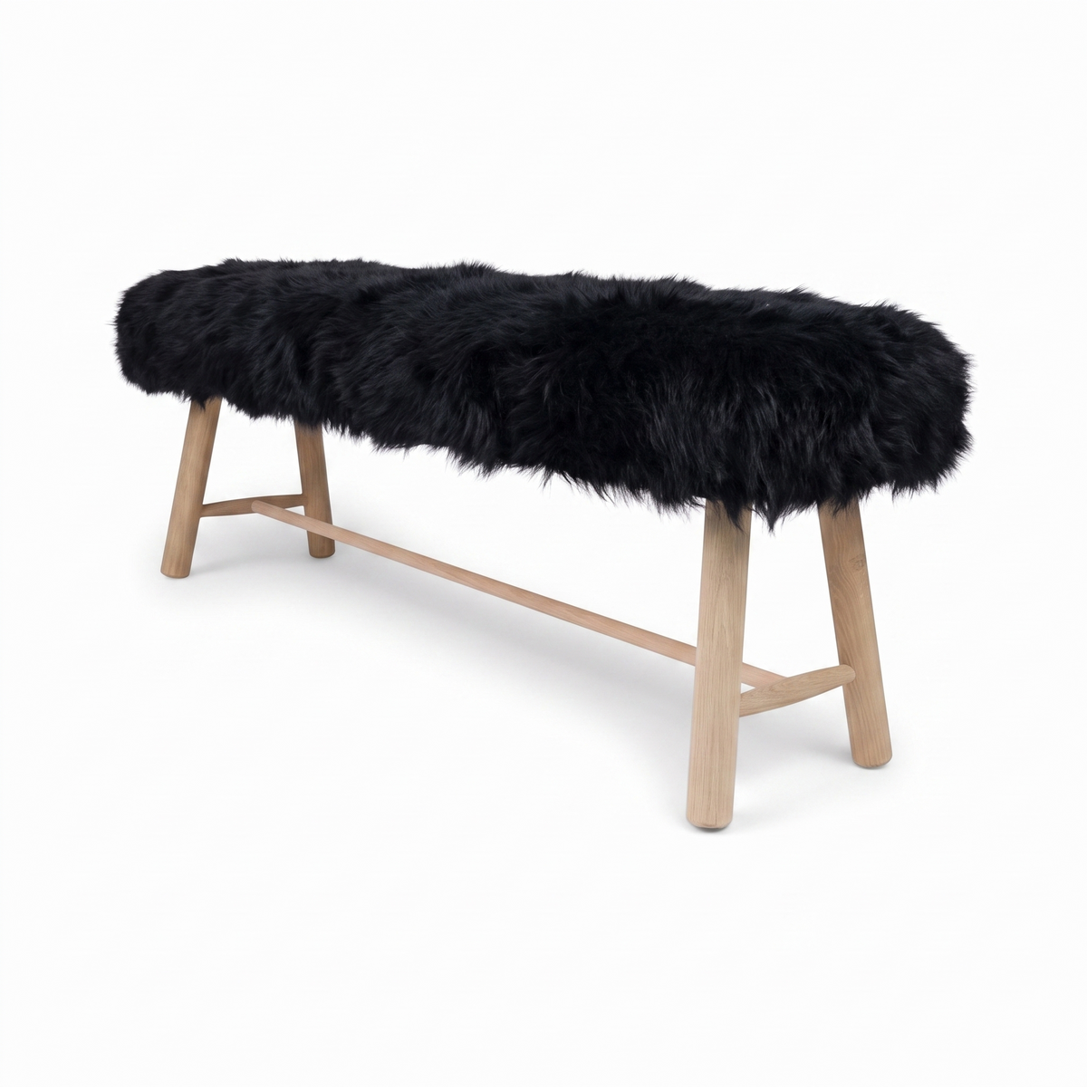 Theodor Holzbank mit Lammfell | Langhaar | Neuseeland | Eichenbeine | 140x35x45 cm Schwarz