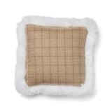 Kariertes Wollkissen | 100% Wolle | Fellborte | 52x52 cm Haferflocken-Beige/Elfenbein