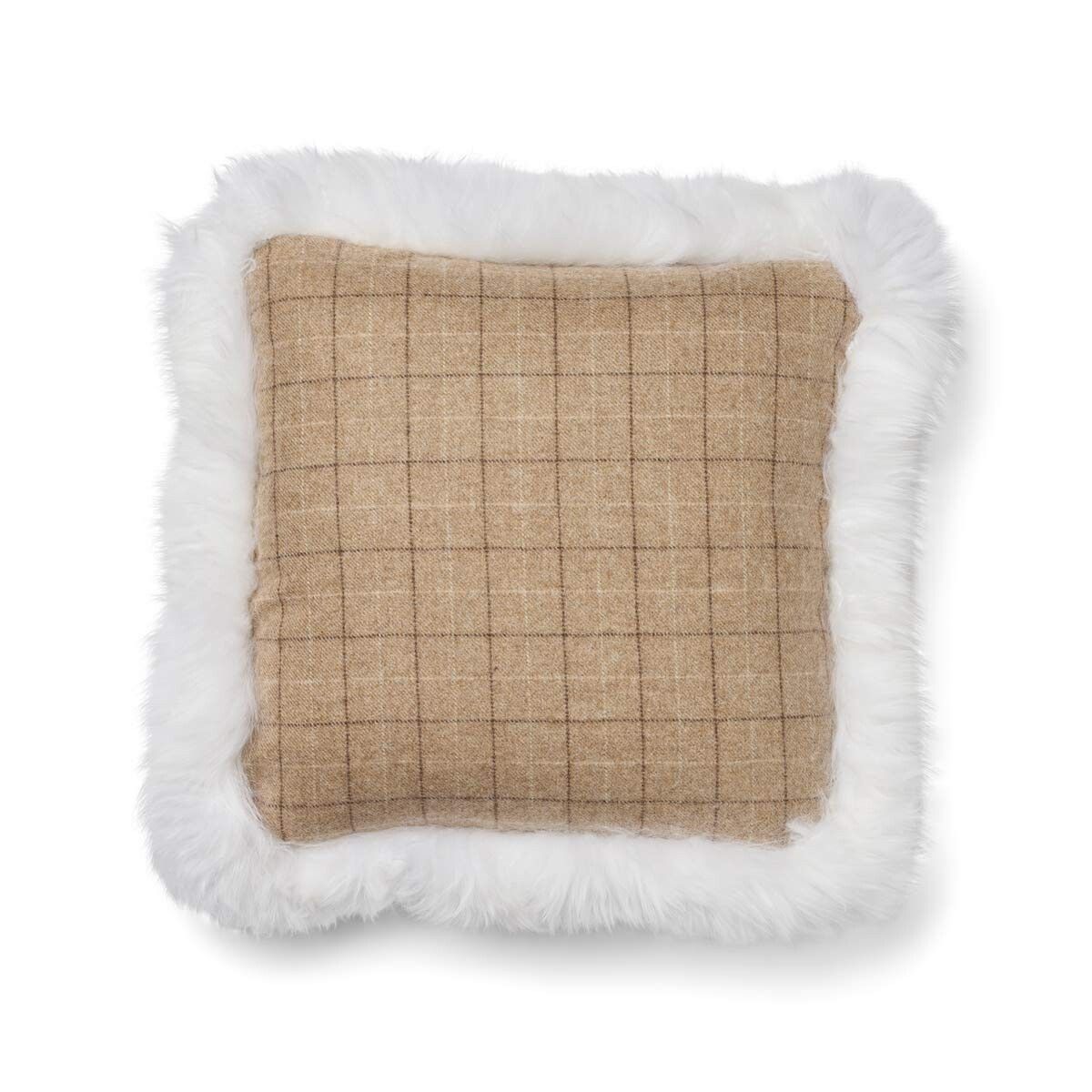 Kariertes Wollkissen | 100% Wolle | Fellborte | 52x52 cm | 34x52 cm Haferflocken-Beige/Elfenbein