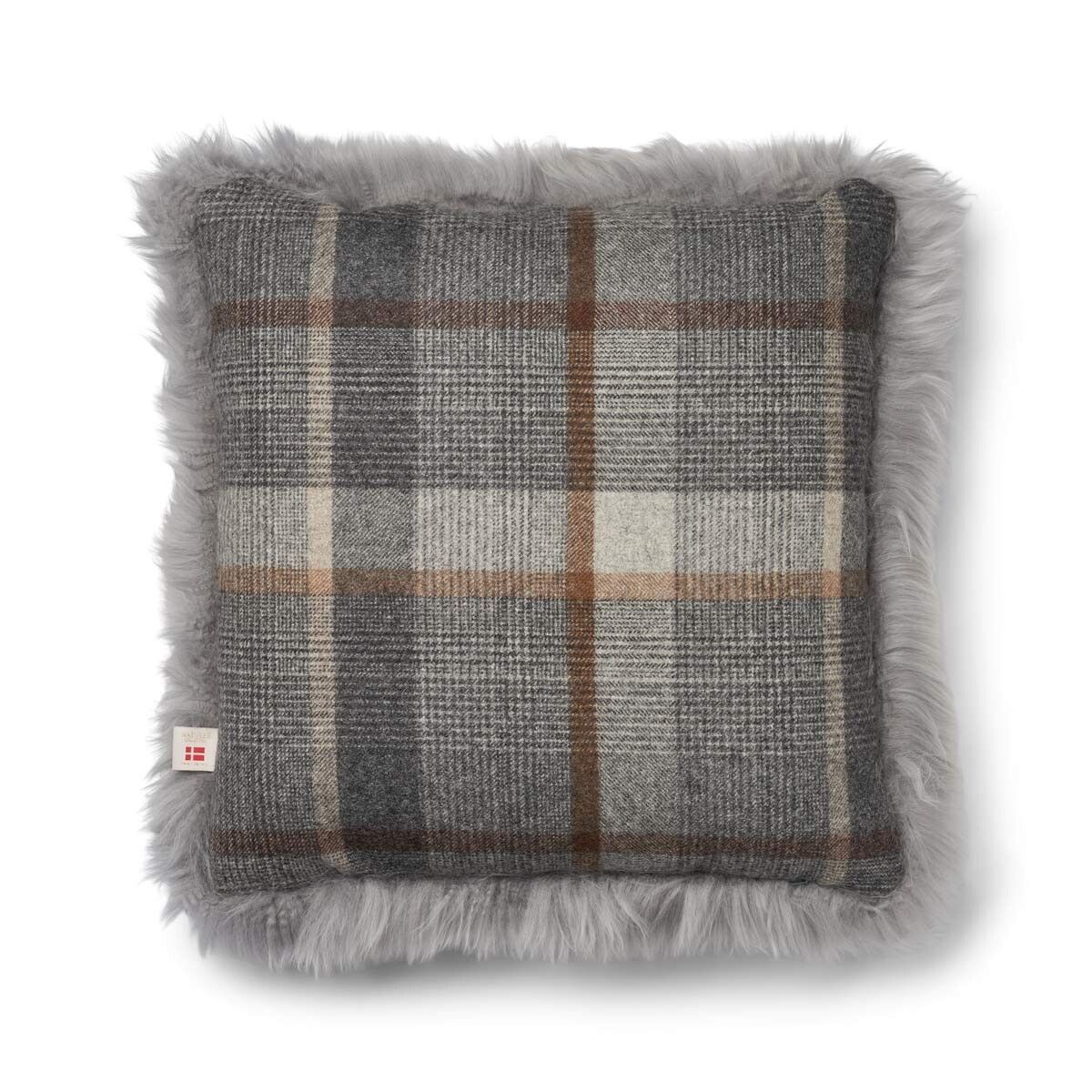 Kariertes Lammfellkissen | Langhaar | Neuseeland | 100% Wolle | 52x52 cm | 34x52 cm Glencheck-Grau/Hellgrau