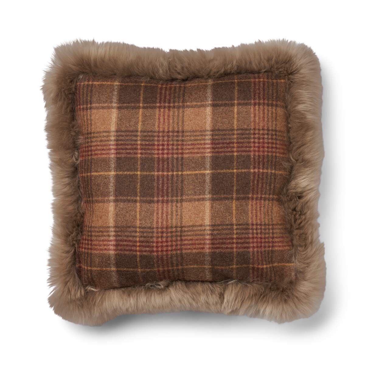 Kariertes Wollkissen | 100% Wolle | Fellborte | 52x52 cm | 34x52 cm Kakao-Dunkelbraun/Taupe