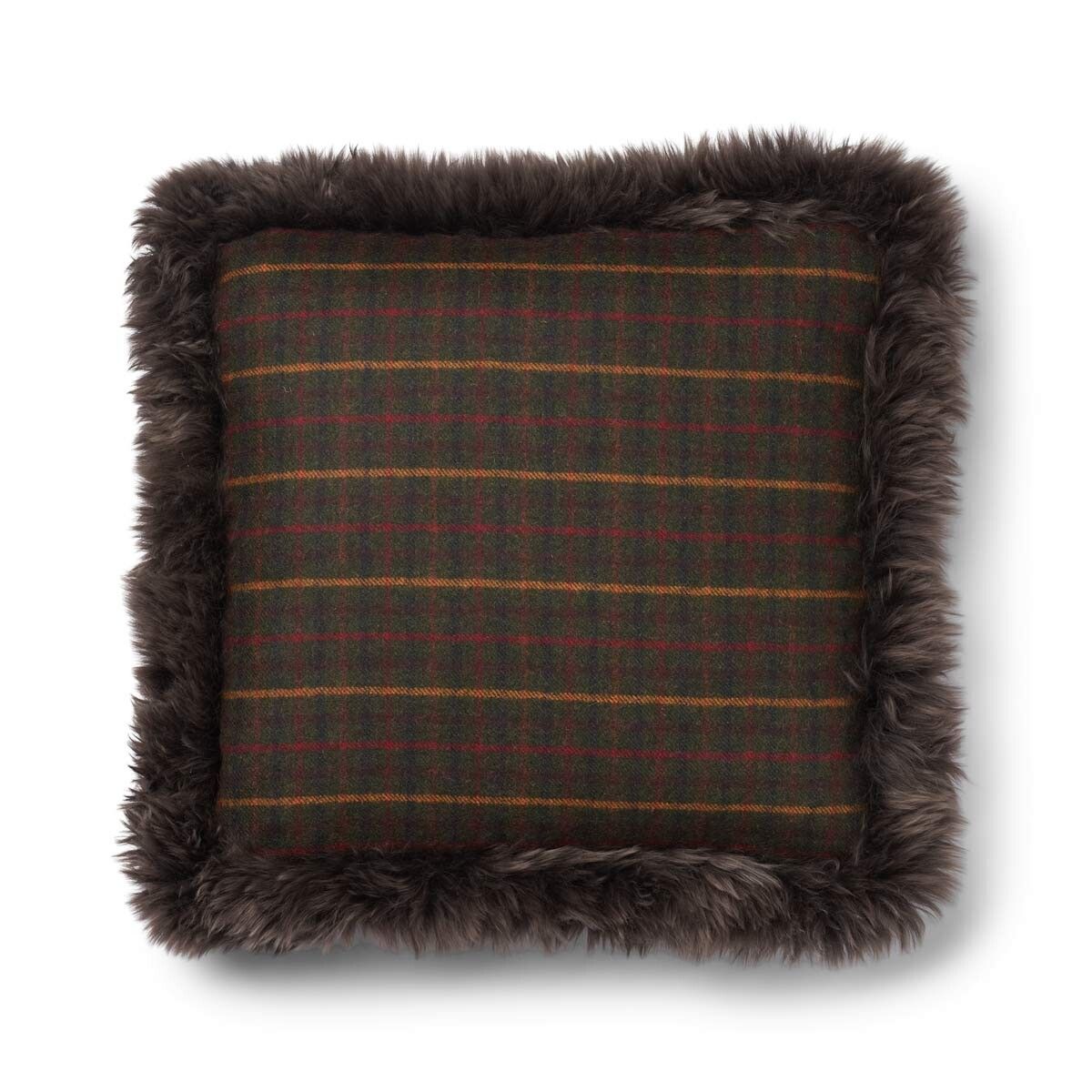 Kariertes Wollkissen | 100% Wolle | Fellborte | 52x52 cm | 34x52 cm Kilberry Fir-Dunkelgrün/Walnuss