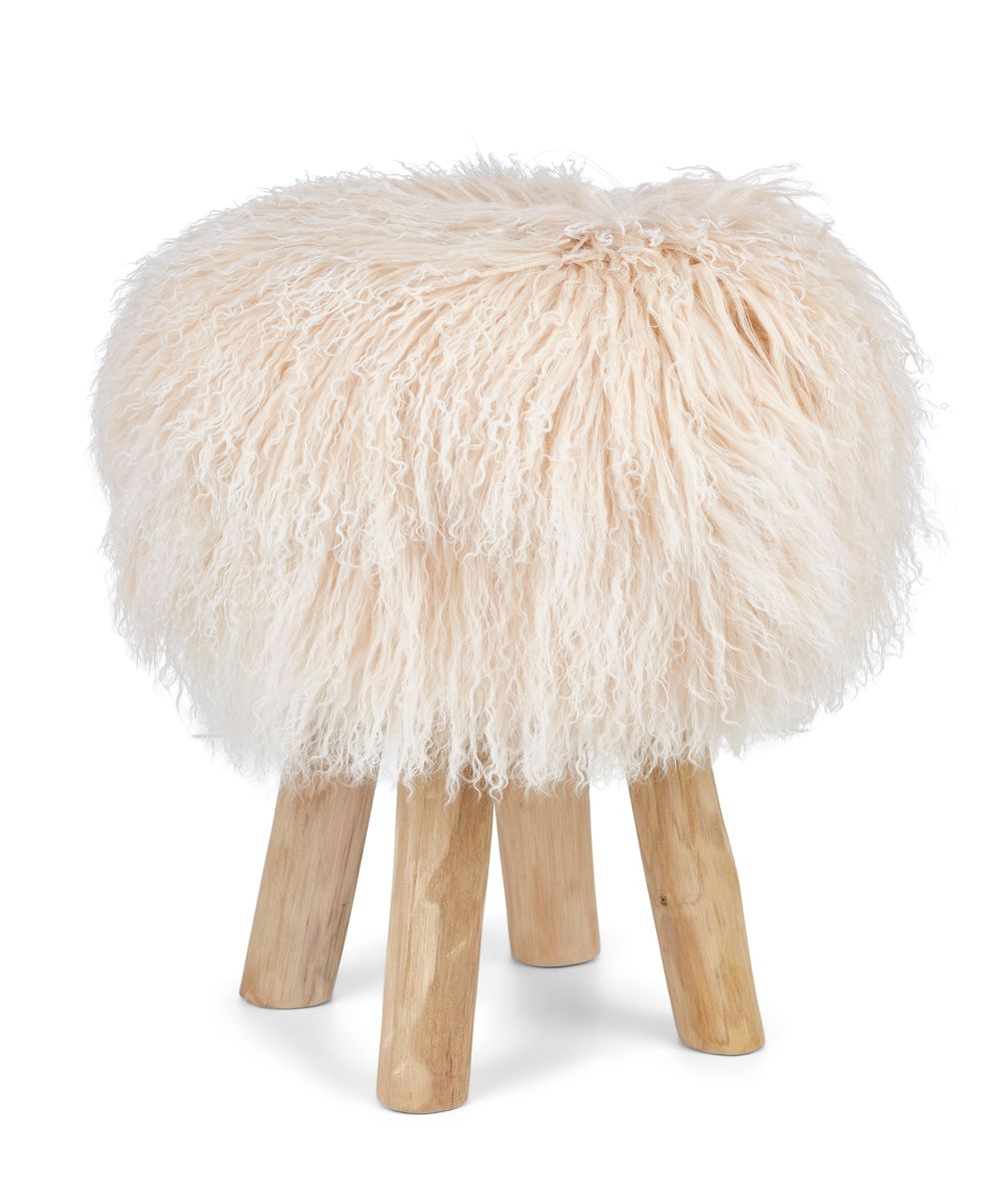 Holzhocker mit Lammfell | Tibet | 48xD34 cm