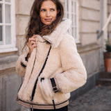 Nicki Jacke | Lammfell, Leder Blau/Grau