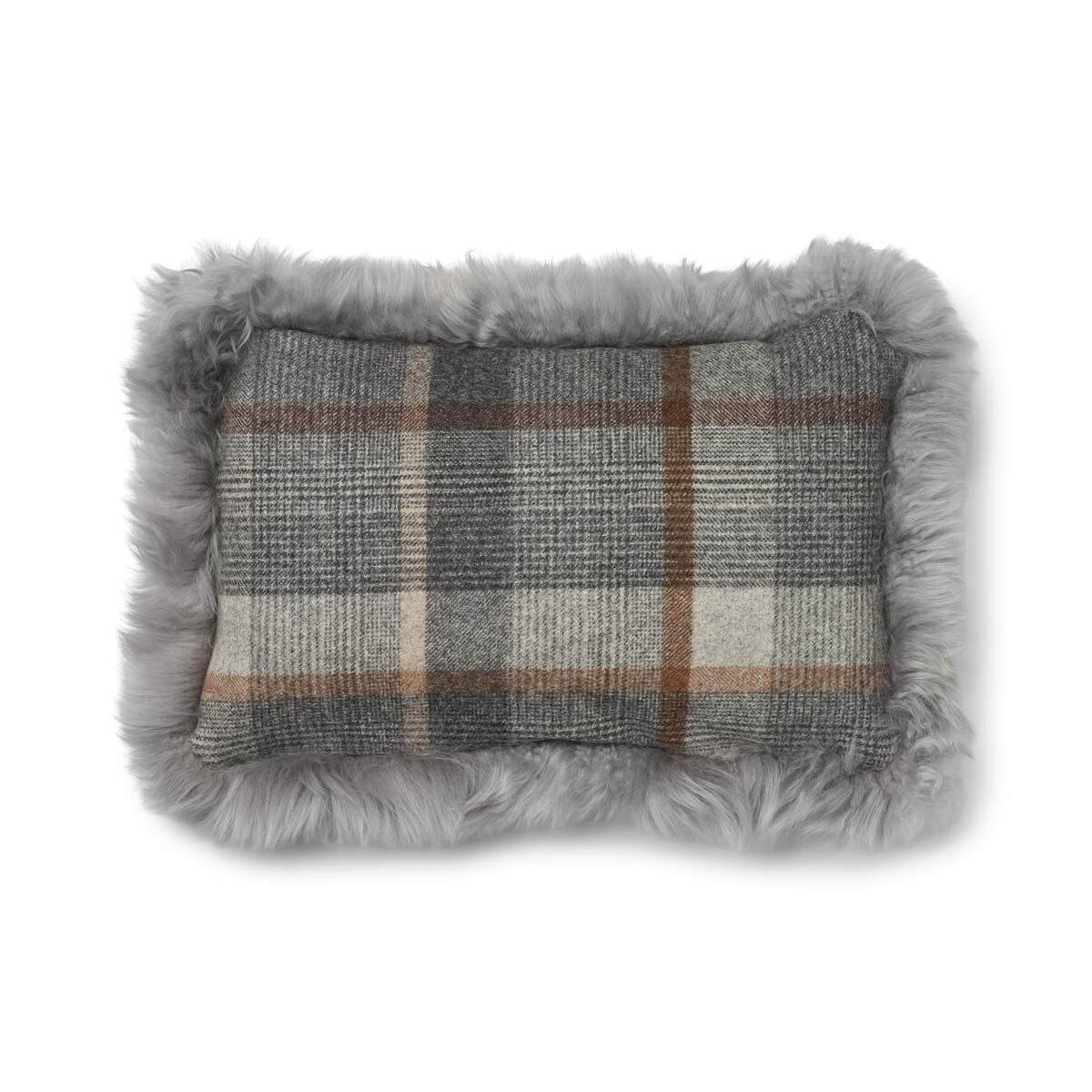 Kariertes Wollkissen | 100% Wolle | Fellborte | 52x52 cm | 34x52 cm Glencheck-Grau/Hellgrau