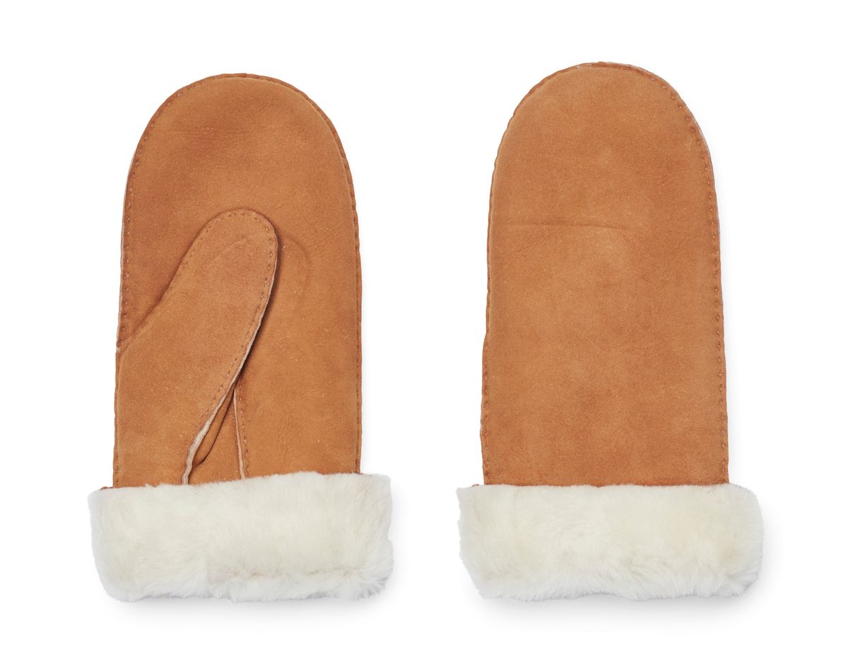 Lammfell Handschuhe Premium | Neuseeland | Damenfäustlinge Tan/Weiß