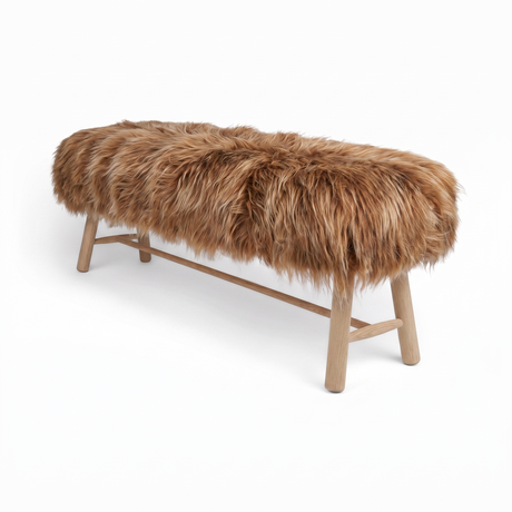 Holzbank mit Lammfell | Island | Eichenbeine | 140x35x45 cm Rostbraun