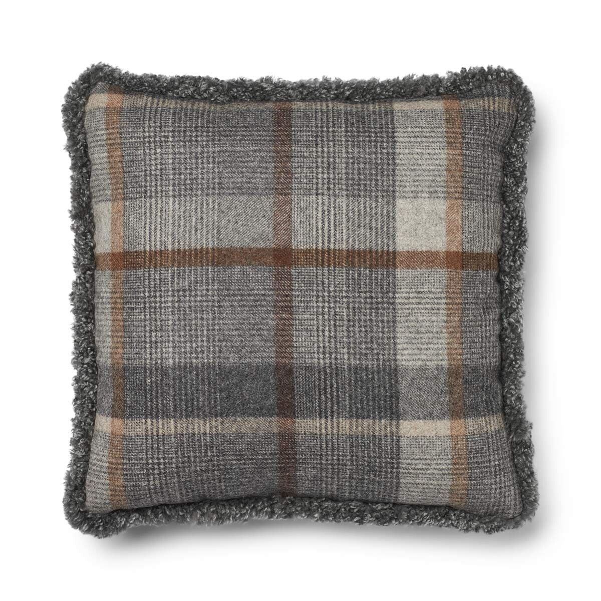Kariertes Wollkissen | 100% Wolle | Fellborte | 52x52 cm | 34x52 cm Glencheck-Grau/Hellgrau
