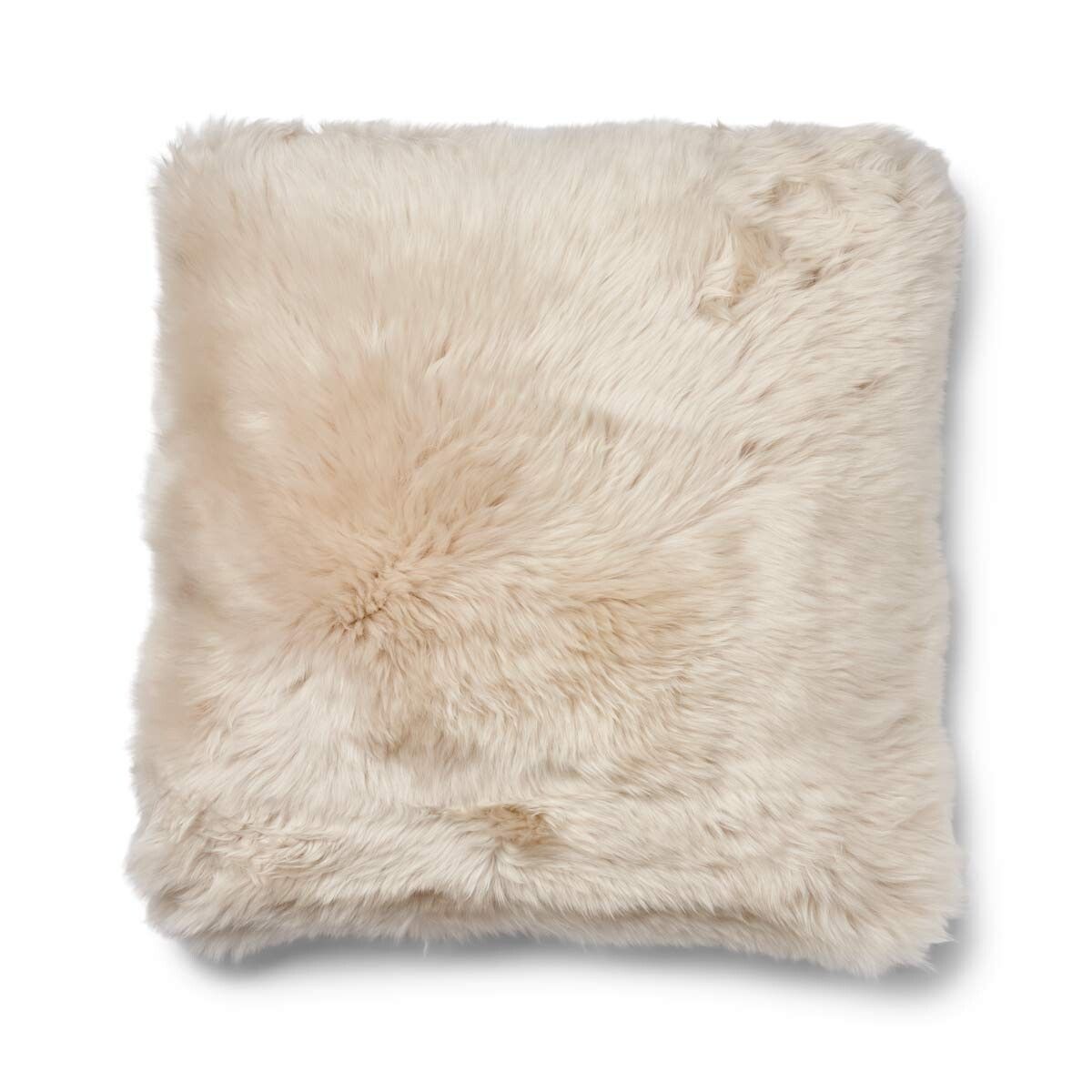 Kariertes Lammfellkissen | Langhaar | Neuseeland | 100% Wolle | 52x52 cm | 34x52 cm Sand Beige/Leinen