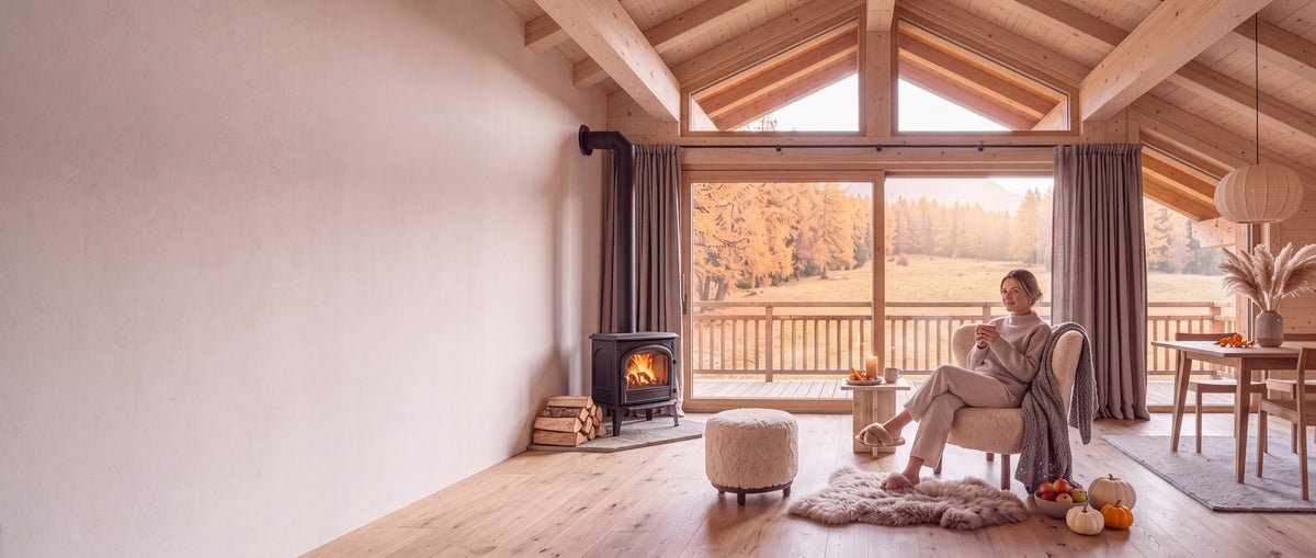 Peaux de mouton et meubles en fourrure dans un chalet en automne